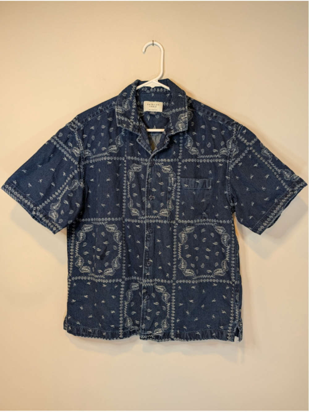 American Eagle Paisley Bandana Print Denim Short Sleeve Shirt Unisex Oversized